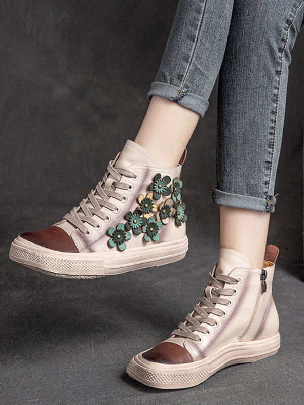 Women's Contrast Flower Square Head High-top Shoes - Image 3