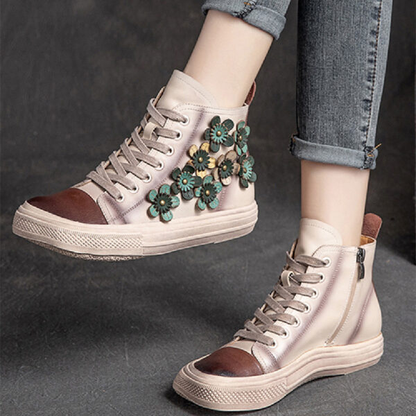 Women's Contrast Flower Square Head High-top Shoes - Image 5