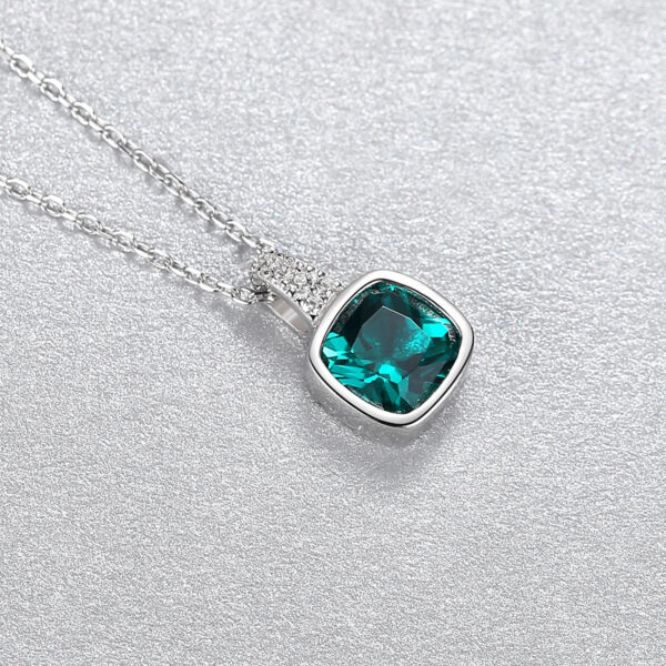 925 Sterling Silver Emerald Square Zircon-inlaid Pendant Fashion Short Necklace Women's - Image 5