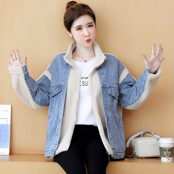 Women Denim Stitching Lamb Wool Coat Autumn And Winter