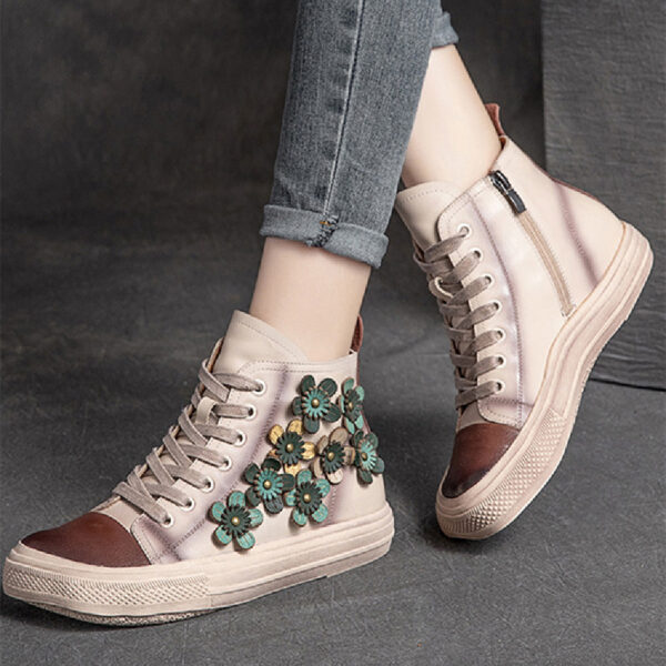 Women's Contrast Flower Square Head High-top Shoes - Image 2