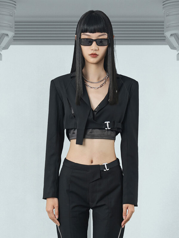 Short Cropped Navel Blazer Black Autumn - Image 4