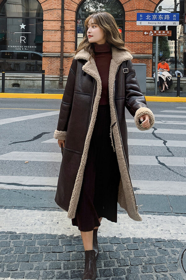 Lamb Wool Over-the-knee Mid-length Leather Coat - Image 4