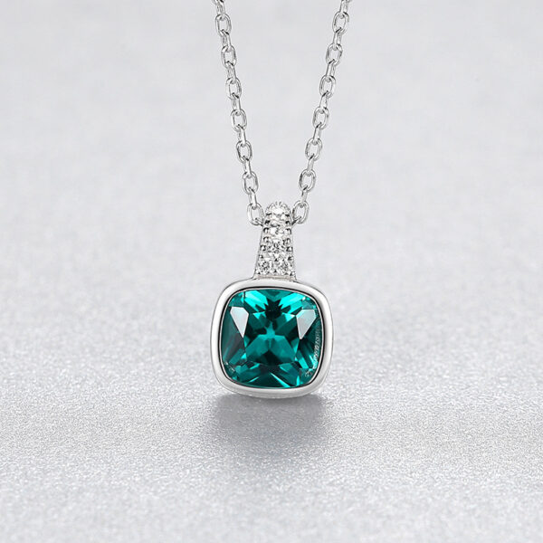 925 Sterling Silver Emerald Square Zircon-inlaid Pendant Fashion Short Necklace Women's - Image 9