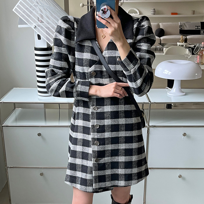 Vintage Color Contrast Check Pattern Waist Closing Bubble Sleeve Dress For Women