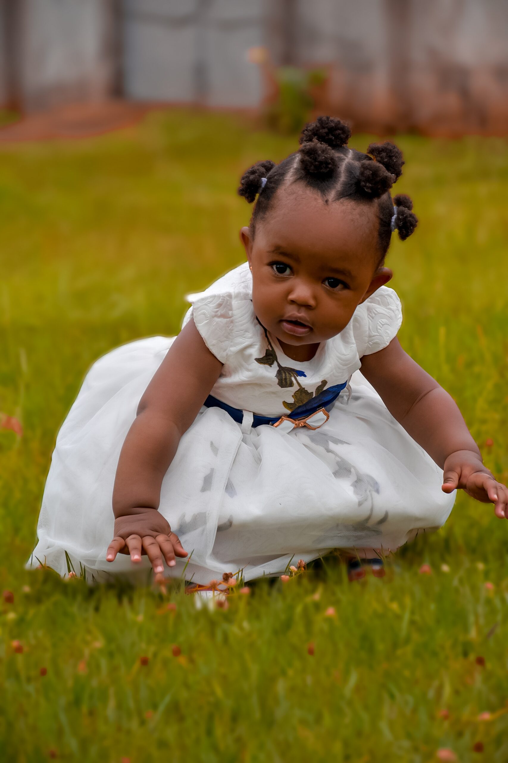 A black baby wearing a white dress and a blue baby belt