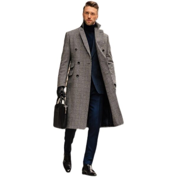 Full Wool Suit Collar Medium Length Double Breasted Checked Overcoat - Image 6