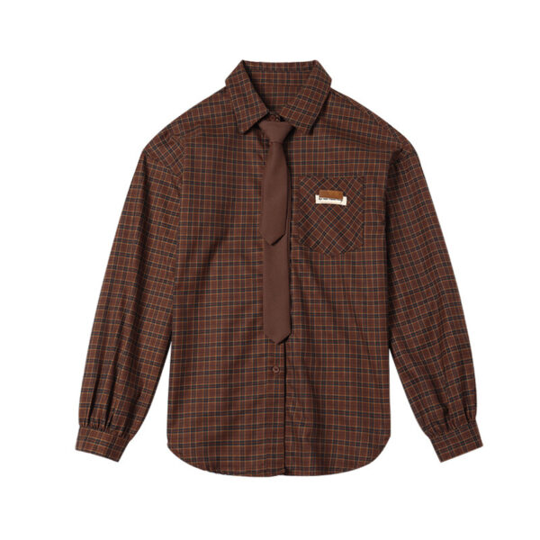 Women's Preppy Plaid Tie Long Sleeve Shirt - Image 3