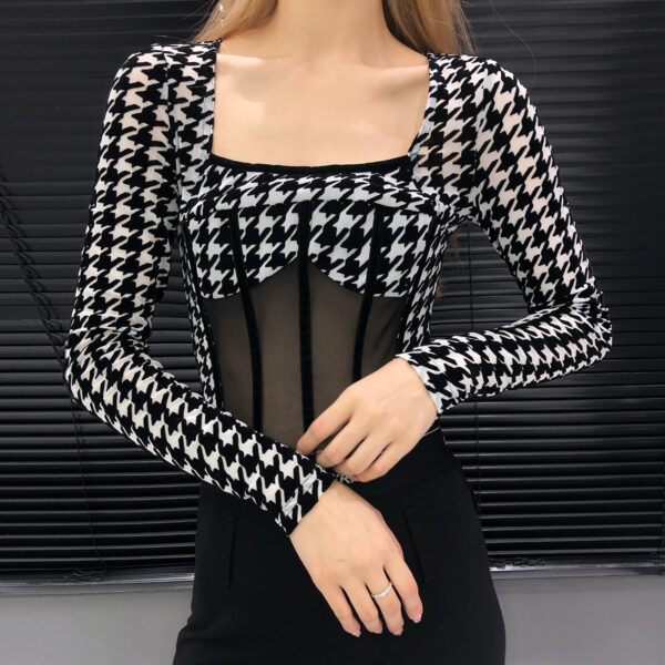 Houndstooth Stitching Fish Bone See-through Bodysuit T-shirt For Women - Image 4