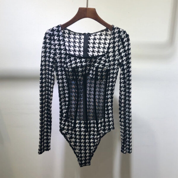 Houndstooth Stitching Fish Bone See-through Bodysuit T-shirt For Women - Image 3