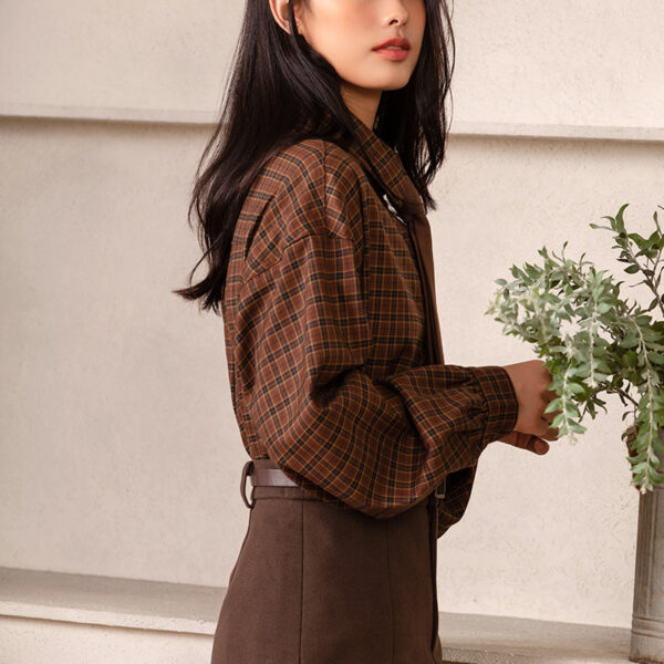 Women's Preppy Plaid Tie Long Sleeve Shirt - Image 5