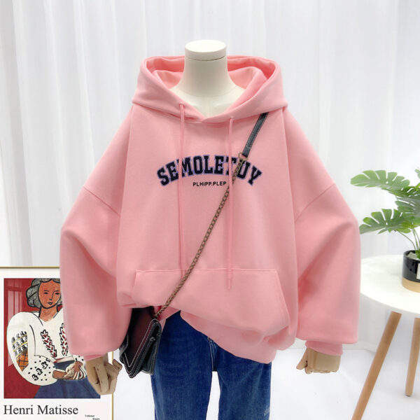 Ladies Sweatshirt Casual Hooded Large Pocket Print Letter Long Sleeve Top - Image 2