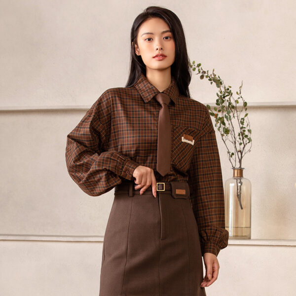 Women's Preppy Plaid Tie Long Sleeve Shirt - Image 4