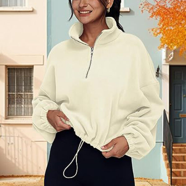 European And American Half Zipped Stand Collar Drawstring At Hem Polar Fleece Jacket