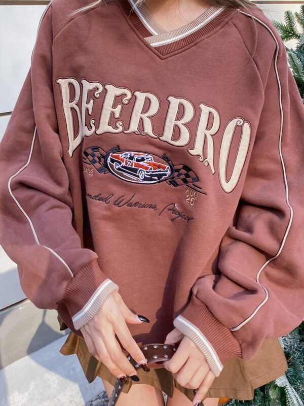 Embroidered Racing Street Style Contrast V Neck Top - Image 3