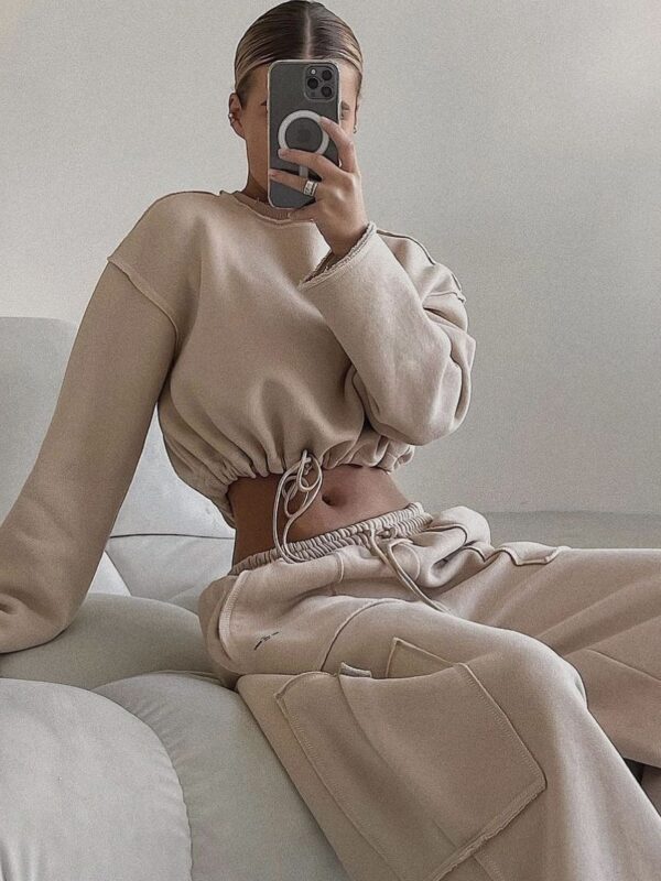 Drawstring Loose Sweater Women's Sports Suit - Image 7