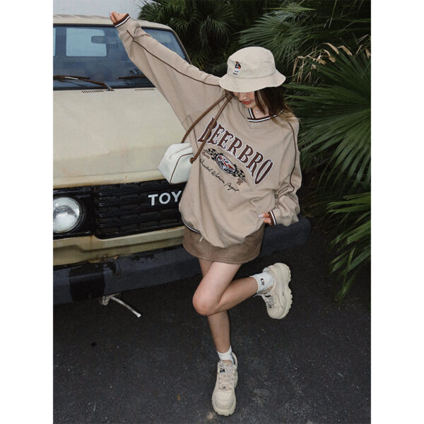 Embroidered Racing Street Style Contrast V Neck Top - Image 5