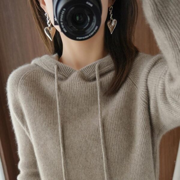 Hooded Cashmere Sweater Women's Pullover Loose Short Hooded Sweater - Image 5