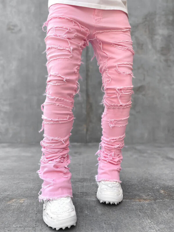 Men Trousers Individual Patched Pants Long Tight Fit Stacked Jeans For Mens Clothing - Image 4