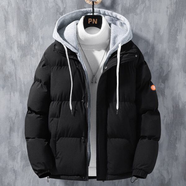 Fashion Hooded Jacket Men Winter Windproof Thickened Fake Two-piece Coat Solid Leisure Sports Cotton Jacket - Image 3