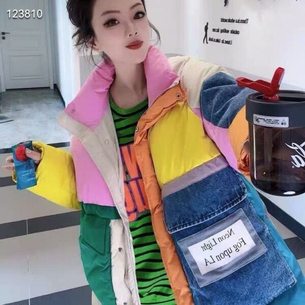 Women's Color Matching Fashion Denim Large Pocket Stand-up Collar Down Jacket - Image 4