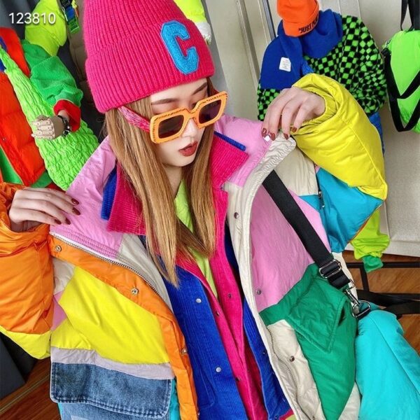 Women's Color Matching Fashion Denim Large Pocket Stand-up Collar Down Jacket - Image 5