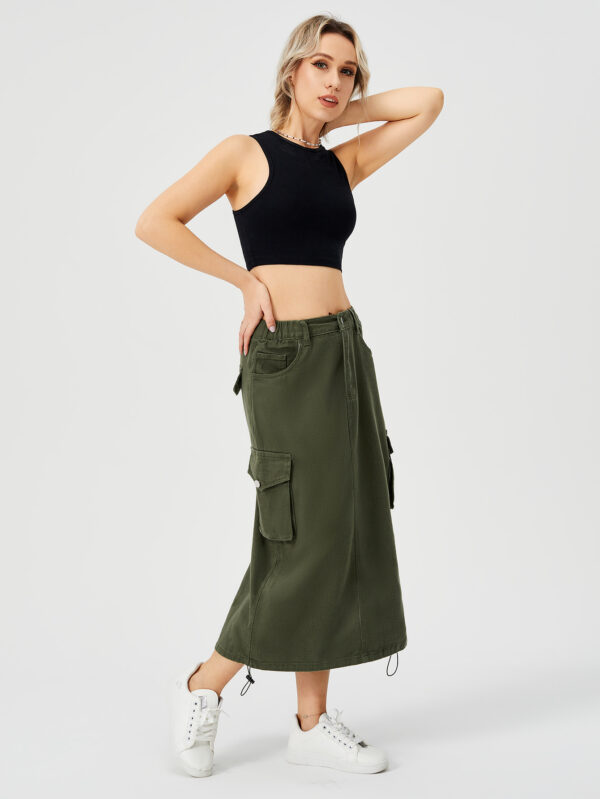 Women's Cargo Long Skirt Casual Streetwear Loose High Waist Front Split Maxi Skirt With Pocket Women's Cargo Long Skirts High Waisted Pencil Skirt Midi Length Jean Skirt With Cargo Pockets - Image 7