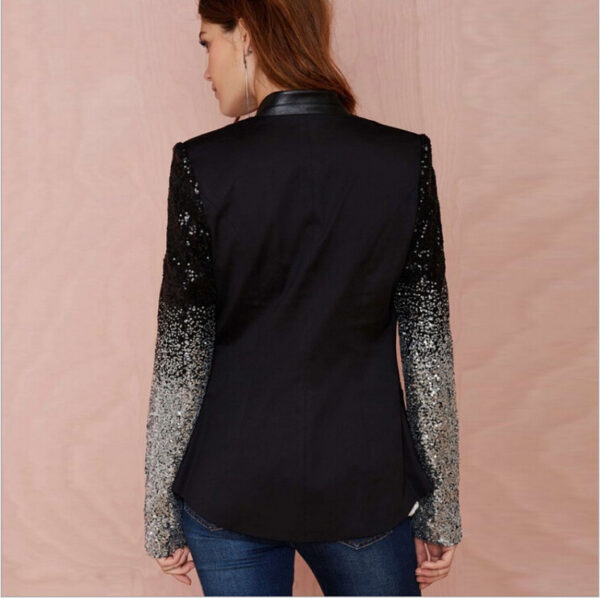 Women Thin Jacket Coat Spring Autumn Long Sleeve Lapel Fashion Silver Black Sequin Elegant Slim Work Blazers Suit feminino - Image 3