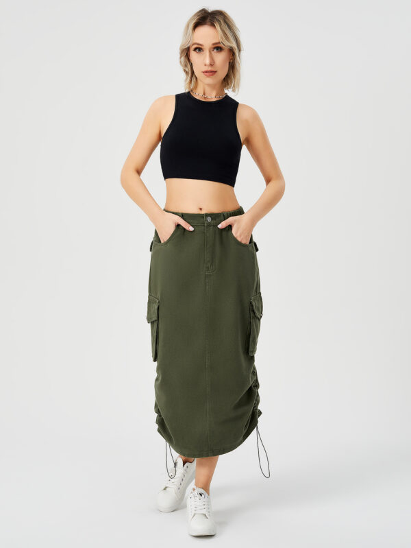 Women's Cargo Long Skirt Casual Streetwear Loose High Waist Front Split Maxi Skirt With Pocket Women's Cargo Long Skirts High Waisted Pencil Skirt Midi Length Jean Skirt With Cargo Pockets - Image 3