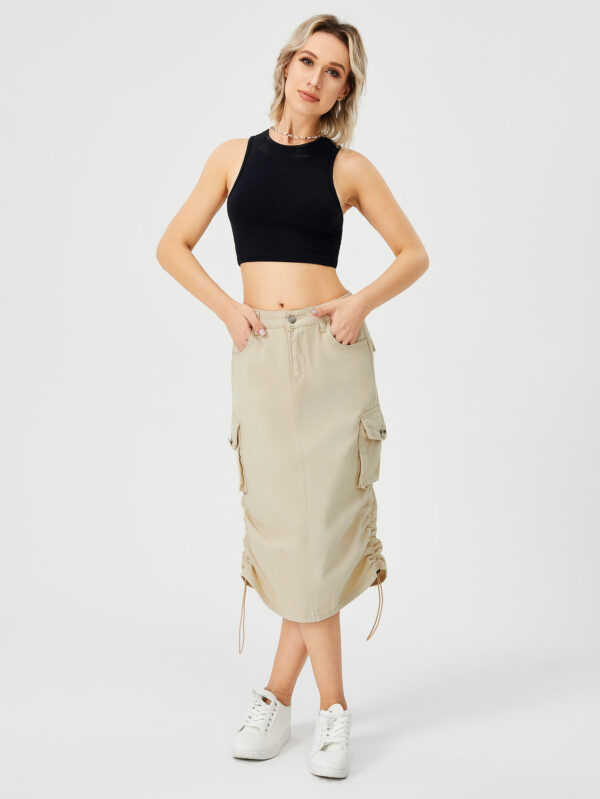 Women's Cargo Long Skirt Casual Streetwear Loose High Waist Front Split Maxi Skirt With Pocket Women's Cargo Long Skirts High Waisted Pencil Skirt Midi Length Jean Skirt With Cargo Pockets - Image 10