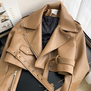 Fashion Brown Motorcycle Leather Coat Women