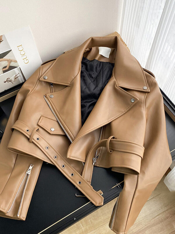 Fashion Brown Motorcycle Leather Coat Women