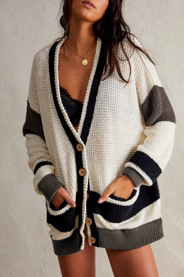 Knitted Coat Plus Size Pocket Color Matching Cardigan Sweater - Image 5