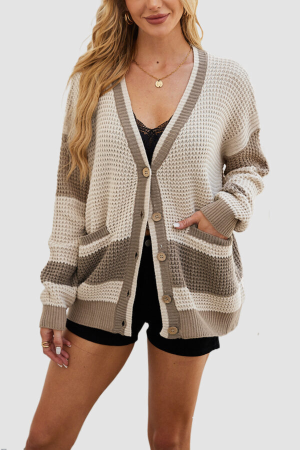 Knitted Coat Plus Size Pocket Color Matching Cardigan Sweater - Image 9