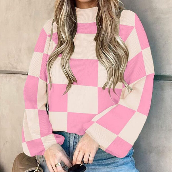 Women's Fashion High Collar Long Sleeve Striped Rib Sweater