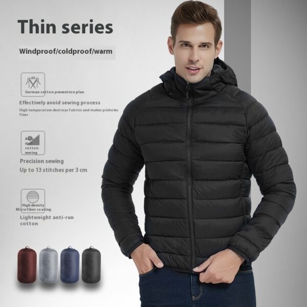 Men's Lightweight Hooded Coat Winter Warm Solid Color Zipper Jacket Fashion Portable Outerwear Top Clothing - Image 3