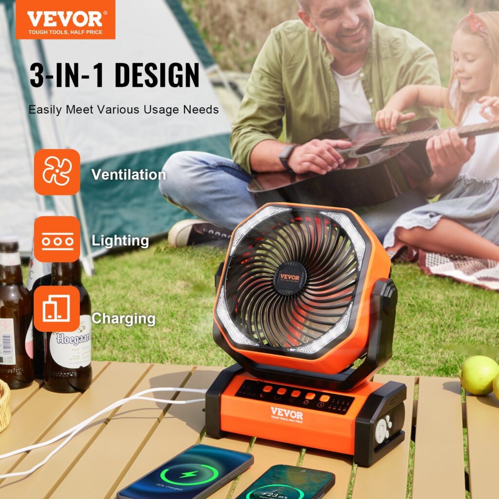 VEVOR Portable Fan Rechargeable 9 Inch, Battery Powered Fan With LED Lantern, 4 Speeds Adjustable Automatic Swivel & Timer , USB Battery Operated Fans For Travel Bedroom Home Camping Office