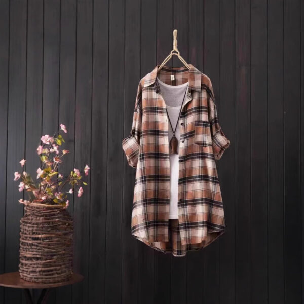 Loose And Idle Plaid Shirt Women's Mid-length Autumn Hongkong Style Coat - Image 2