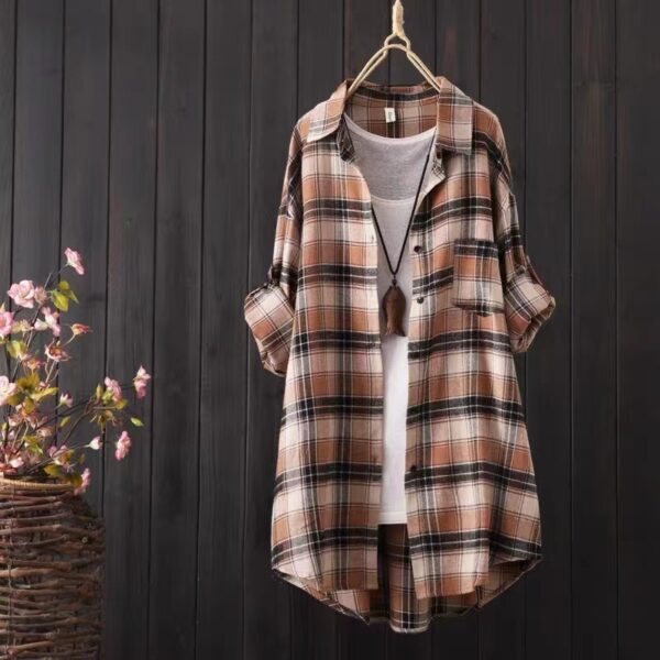 Loose And Idle Plaid Shirt Women's Mid-length Autumn Hongkong Style Coat - Image 4