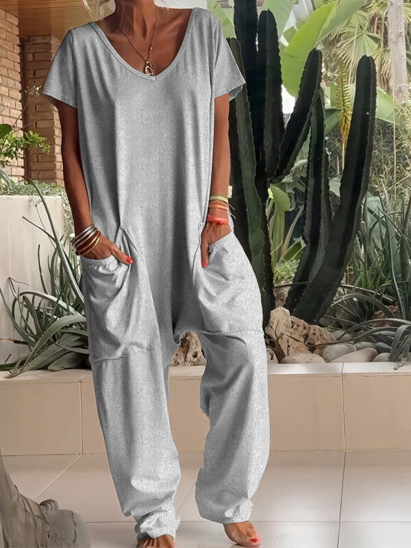 European And American Solid Color And V-neck Oversized Pocket Low-grade Jumpsuit - Image 7