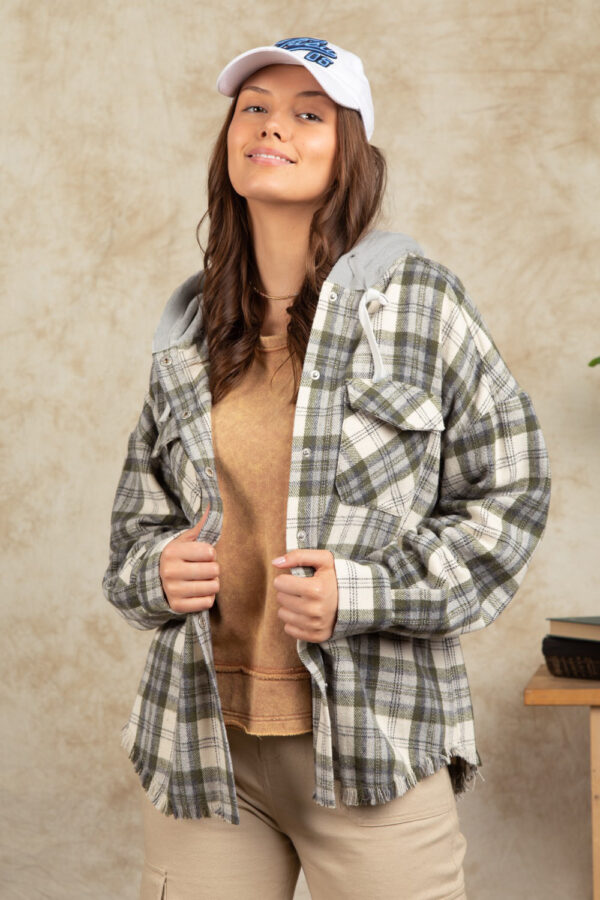 Fashion Hooded Large Pocket Plaid Shirt Coat - Image 4
