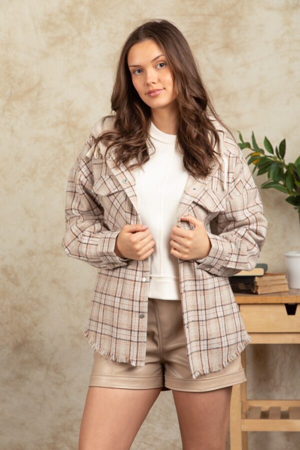 Fashion Hooded Large Pocket Plaid Shirt Coat - Image 5