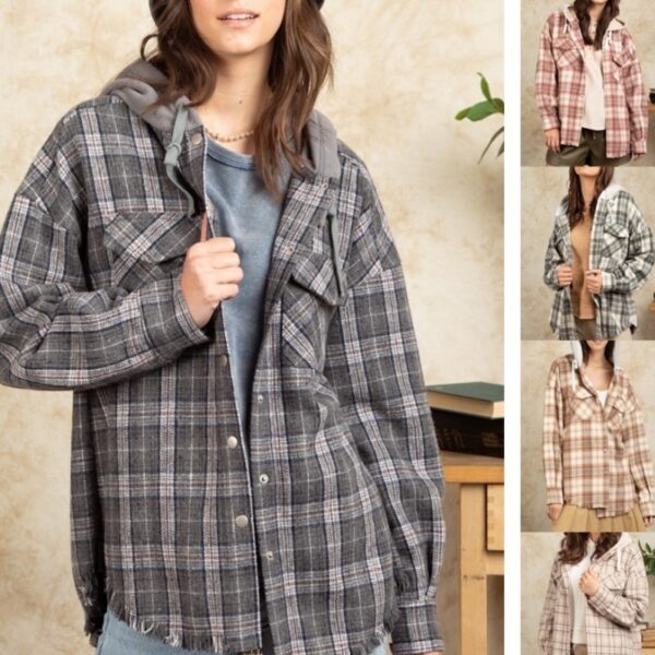 Fashion Hooded Large Pocket Plaid Shirt Coat - Image 3