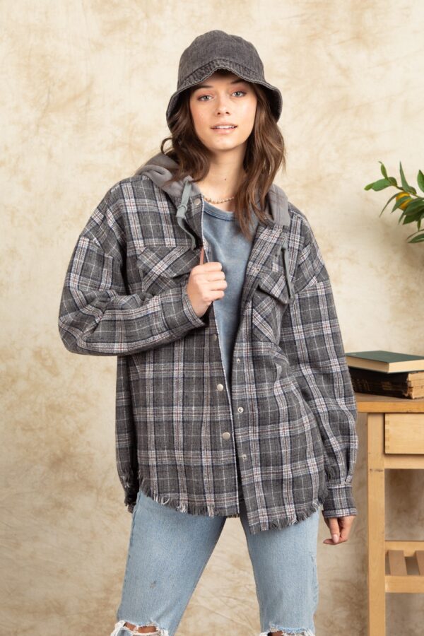 Fashion Hooded Large Pocket Plaid Shirt Coat - Image 6