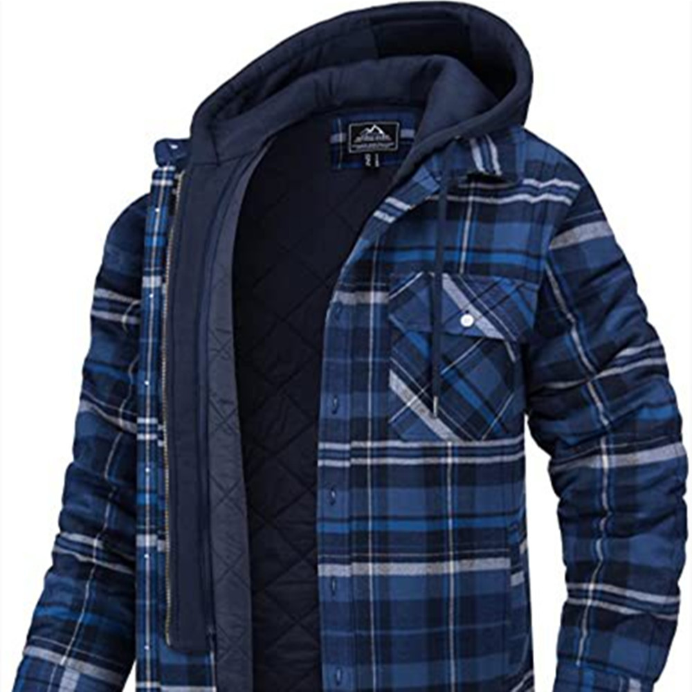 Men's Plaid Hooded Coat Winter Warm Button Zip-up Jacket Fashion Casual Thick Padded Long Sleeves Outerwear Clothing - Image 2