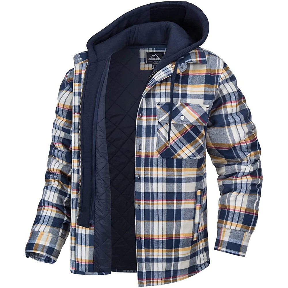 Men's Plaid Hooded Coat Winter Warm Button Zip-up Jacket Fashion Casual Thick Padded Long Sleeves Outerwear Clothing - Image 6