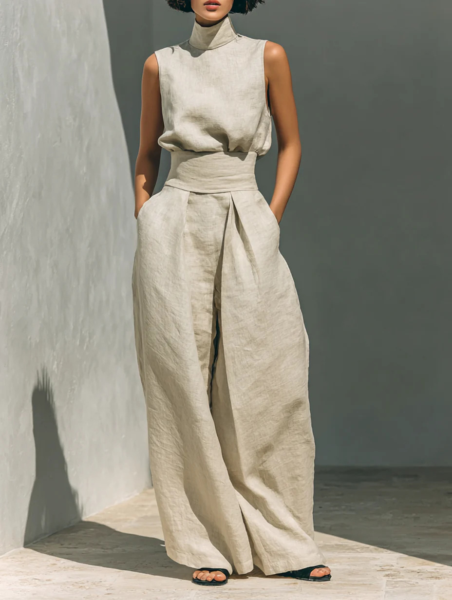 Casual Sleeveless Suit Summer Stand-up Collar Pullover Top And Loose Straight-leg Trousers Women's Clothing - Image 9