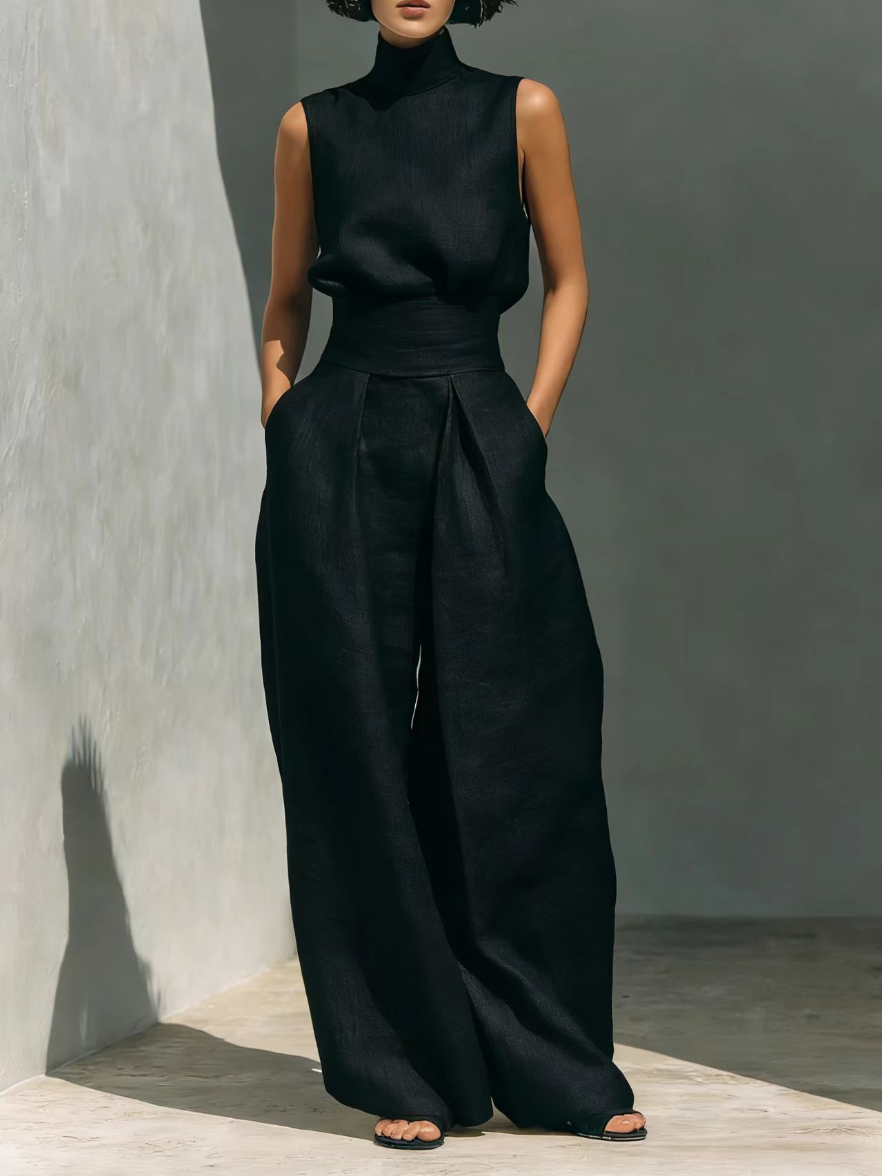 Casual Sleeveless Suit Summer Stand-up Collar Pullover Top And Loose Straight-leg Trousers Women's Clothing - Image 8