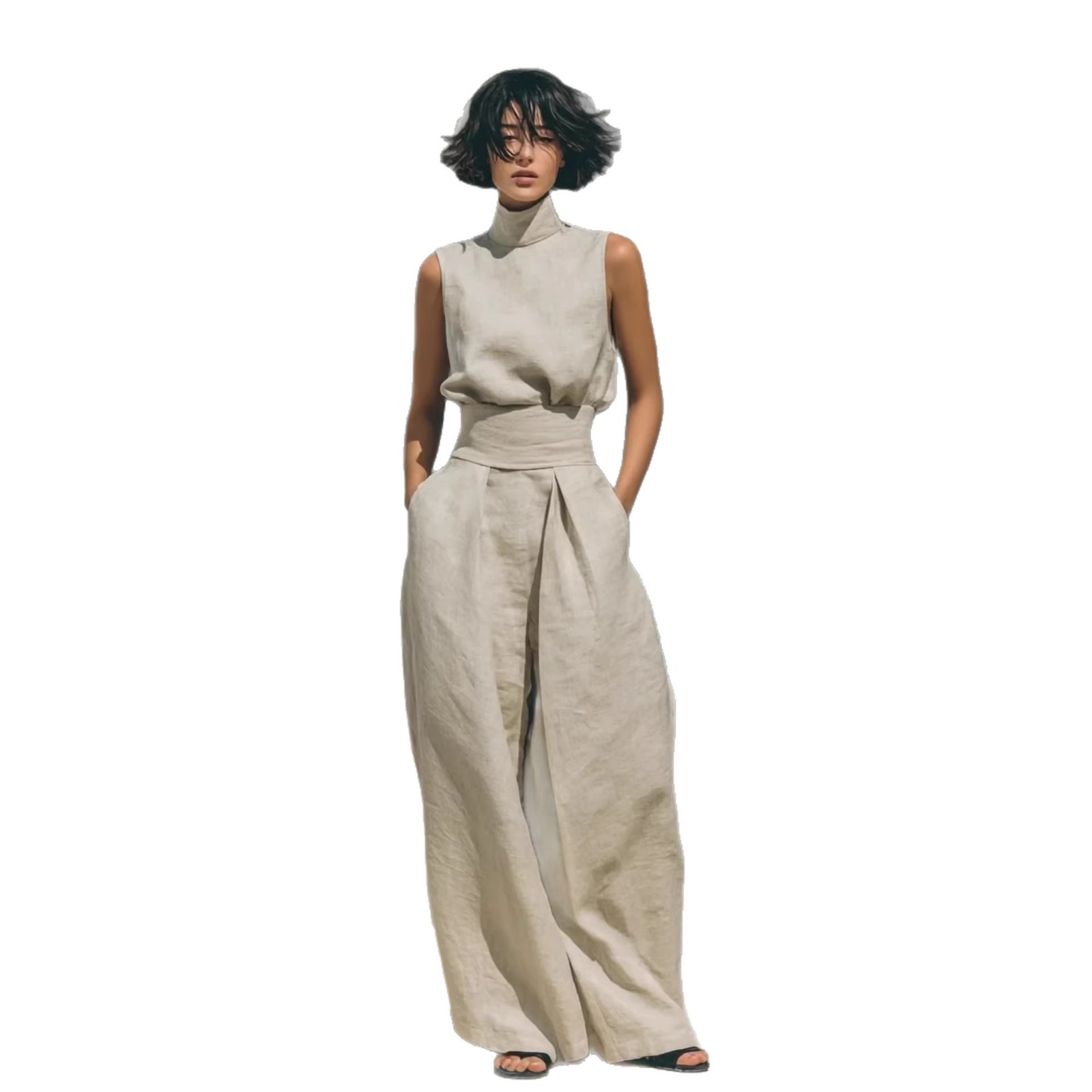 Casual Sleeveless Suit Summer Stand-up Collar Pullover Top And Loose Straight-leg Trousers Women's Clothing - Image 4