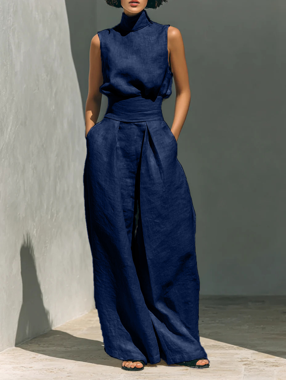 Casual Sleeveless Suit Summer Stand-up Collar Pullover Top And Loose Straight-leg Trousers Women's Clothing - Image 3